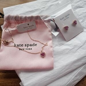 Kate Spade Rose Gold Chain with Pink Heart Pendant And Earrings